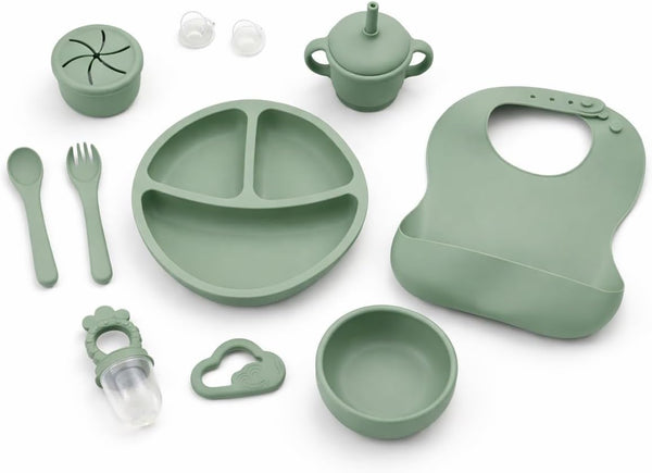 Generic 9-Piece Silicone Baby Feeding Set Divided Plate, Bib, Sippy Cup, Snack Cup,