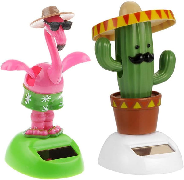 2pcs Solar Powered Car Toy Animal Dancing Dolls - Solar Powered Dancing Cactus Crane Home Ornament