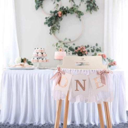 TUTOTU 1st Rose Gold Blush & White Birthday Banner - Highchair Banner, Party Decoration