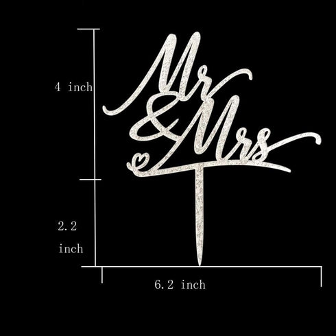 Mr & Mrs Cake Topper, Silver Glitter Wedding Decor for Anniversary and Bridal Shower Cake, Rustic Chic Bride and Groom