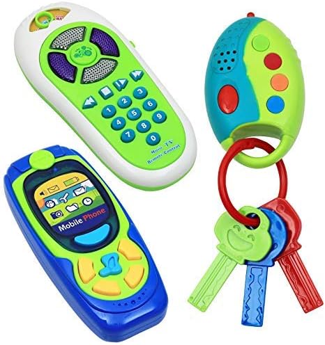 Click N' Play Pretend Play Cell Phone, TV Remote & Car Key Accessory Playset for Kids, Set of 3 with Lights & Sounds