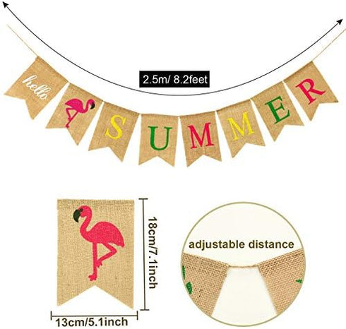 Hello Summer Burlap Banner Rustic Summer Decoration with Flamingo Pattern for Pool Party, Beach Party, Barbecue