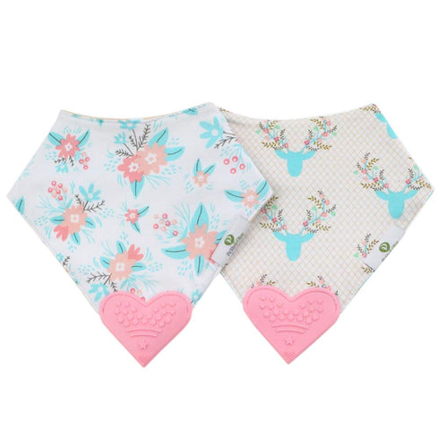 Reversible Baby Teething Bibs with Attached Pink Heart Teether - Boho Antler - Set of 2