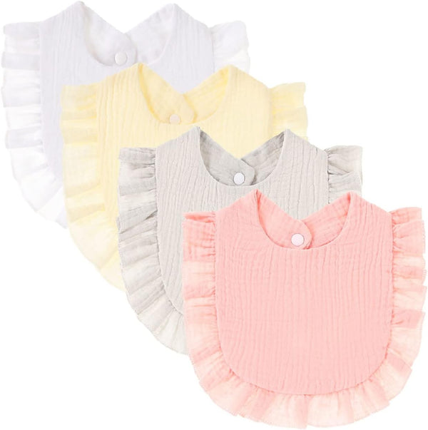 4 PACK Solid Muslin Baby Drool Bibs Set for Unisex Boys Girls Adjustable Teething Feeding