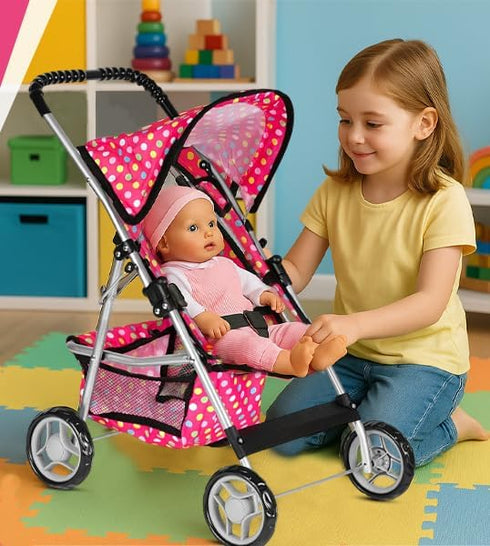 fash n kolor - Deluxe Doll Stroller My First Baby Doll Strollers Toy with Bigger Wheels - Polka Dot Design with Basket