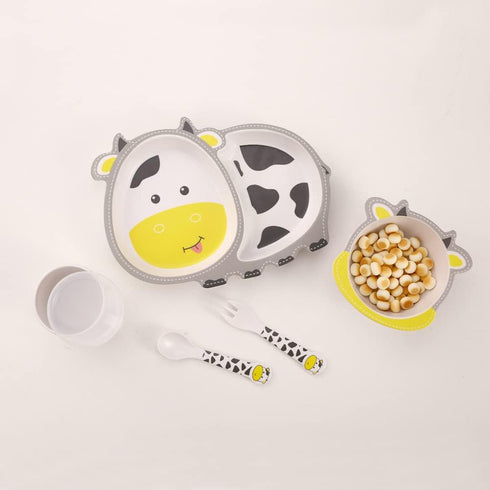Kids Dinnerware Set, Bamboo 5 Pcs with Plate, Bowl, Cup, Fork, Spoon, Cow