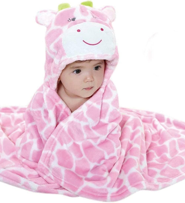 Baby Hooded Blanket, Newborn Soft Warm Swaddle Wrap, Animal Face Coral Fleece Shower Bath Towel