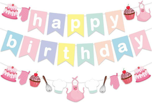 Baking Theme Macaroon Color Happy Birthday Bunting Garland Banner for Little Bakers Kids Birthday Party Supplies