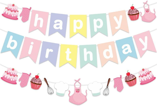 Baking Theme Macaroon Color Happy Birthday Bunting Garland Banner for Little Bakers Kids Birthday Party Supplies
