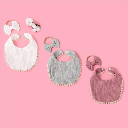 Baby Bib Bow Headband, Newborn Bandana Drooling Teething Muslin Saliva Towel, Adjustable Cotton Gauze Lace Bib
