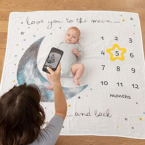 1-12 47x47 Pondering Pine Organic Baby Monthly Milestone Blanket Boy - Love You to The Moon and Back Blanket for Boys
