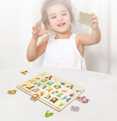 Wooden Peg Puzzle for Toddlers, Alphabet Learning Toys, Chunky ABC Shape Puzzles for Kids, Preschool Knob Puzzle