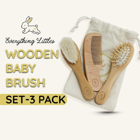 Everything Littles Set 3 Pack Wooden Baby Brush - | Massage Brush, Soft Goat Hair Cradle Cap Brush & Sturdy Wooden Comb