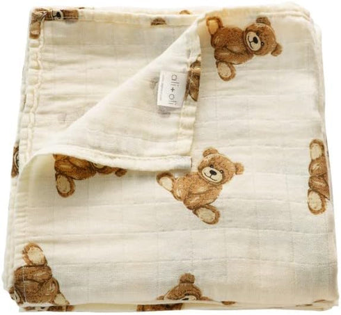 47" 47" Ali+Oli Muslin Swaddle Blanket for Baby (Teddy Bear) Large x Soft Rayon Made from Bamboo & Organic Cotton
