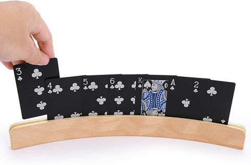 OwnMy Set of 4 Wooden Card Holders for Playing Cards, 13" Curved Wood Organizer for Kids, Adults, and Seniors