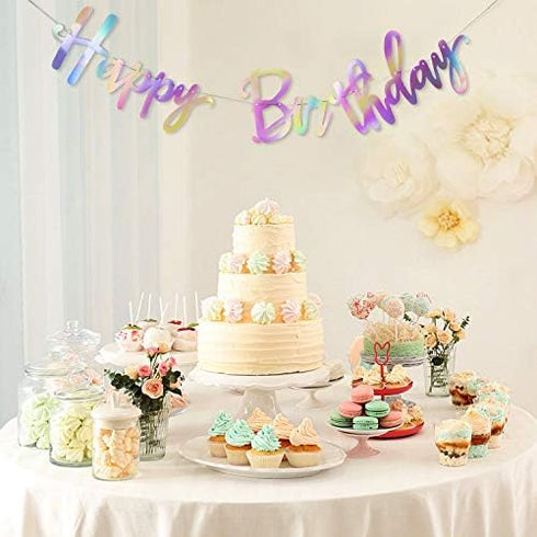 Tatuo Iridescent Happy Birthday Banner Sign, Changeable Garland Bunting Decoration, Silver Party Favor Supplies