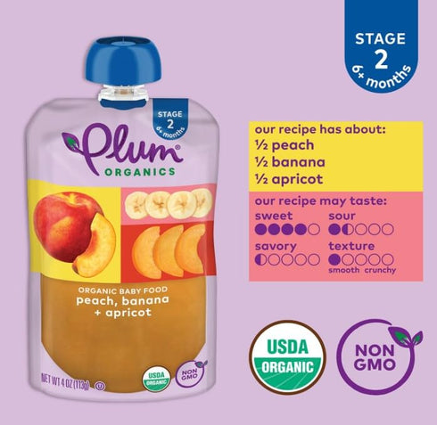 Plum Organics Stage 2 Organic Baby Food, Peach, Banana, and Apricot, 4 oz Pouch (Pack of 12)