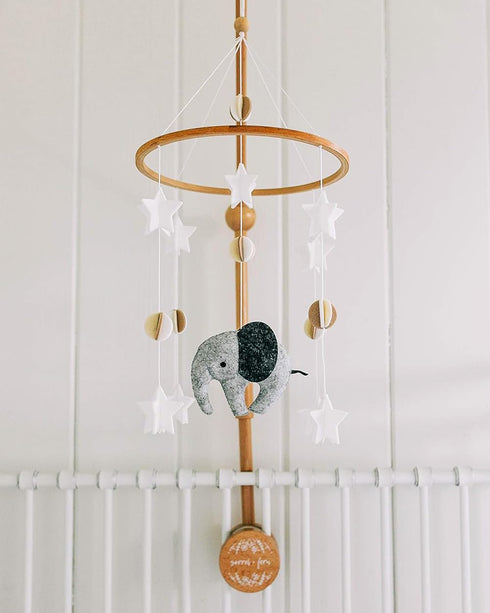 Scandinavian Elephant Baby Crib Mobile, Grey Portable Hanging Mobile for Newborns, Gift-givers.