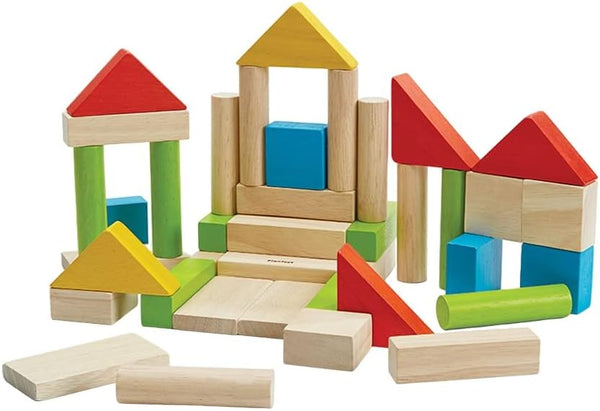 PlanToys Wooden Building Blocks, 40 Unit Blocks Natural and Color, Sustainably Made from Rubberwood