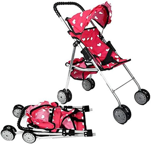 Pink Heart Design Doll Stroller with Basket - Foldable & Stylish
