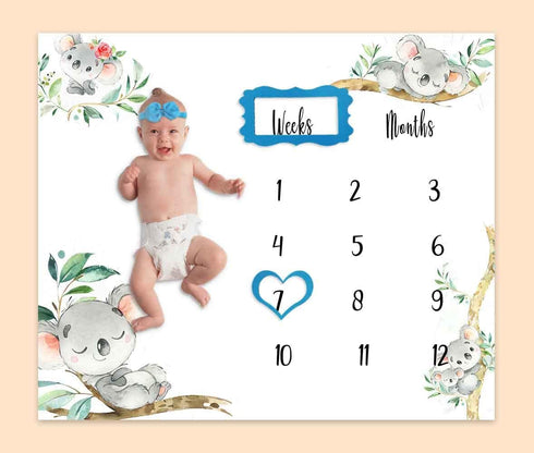 Baby Monthly Milestone Blanket| Koalas Trunk Branch Leaf Wreath | Newborns 1 to 12 Months Unisex Include 4 Frames and 1 Headband 48"x40" BTQQPH126 by PHMOJEN