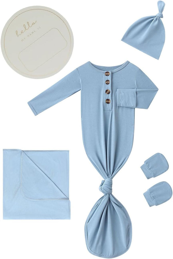 Newborn Baby Swaddle Blanket Set with Baby Knotted Gown, Mittens, Hat -