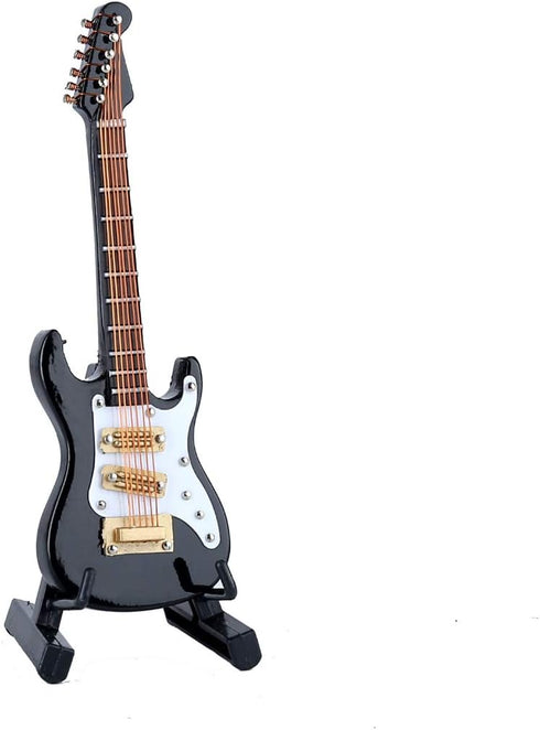 Dselvgvu Wooden Miniature Electric Guitar with Stand, Black Model for Dollhouse Decoration, 3.92"x1.24"x0.37"