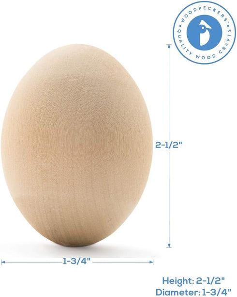 Woodpeckers 6 Quality Wood Easter Eggs to Paint, Smooth Wooden Eggs for Crafts, 2-1/2 in