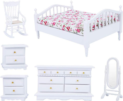 Dolls House Furniture Mini Wooden Queen Bed 6pcs, Miniature Dollhouse Bed 1:12 Cabinet for Doll