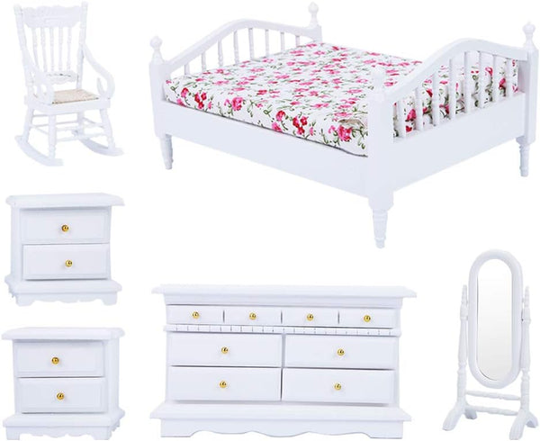 Dolls House Furniture Mini Wooden Queen Bed 6pcs, Miniature Dollhouse Bed 1:12 Cabinet for Doll