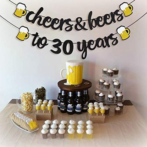 Joymee Cheers to 30 Years Black Glitter Banner for 30th Birthday, Wedding Anniversary Party Supplies Decorations
