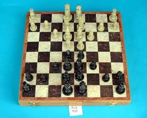 10" Chess Board Game Set with Wooden Base, Stone Inlay & Handmade Stone Chess Pieces, Folding Crafted Chess Game