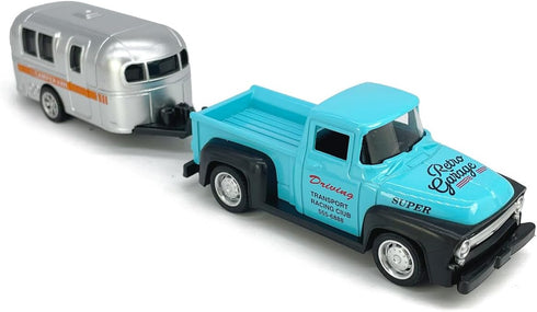 3 4 5 6 7 Vintage Blue Pickup Truck Trailer Towing Toy Camper RV Motorhome Toys for Boys Diecast Model Car Metal Pull