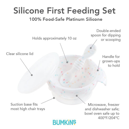 Bumkins Silicone Baby Feeding Set, Suction Bowls for Baby and Toddler with Spoon and Lid, Platinum Silicone Bowl