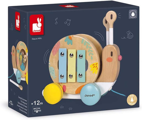 Janod Pure Pull Along Snail, Wooden 2-in-1 Musical Toy for Ages 1+