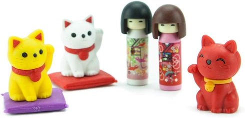 Japanese Iwako Maneki Neko & Kokeshi Eraser Set
