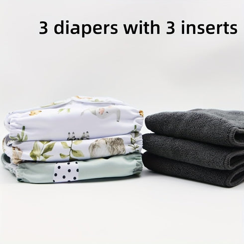 3 3 pcs Hook and Loop Fasteners Design Baby Reusable Cloth Diapers with Microfier Inserts (Animals Prints)