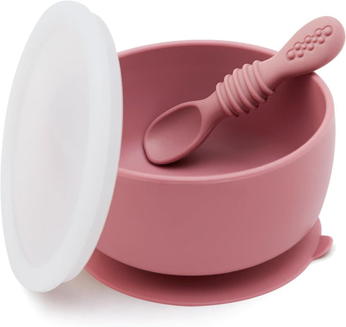 Baby Bowl and Spoon Set, Silicone Baby Food Bowl with Suction and Lid, Self Feeding Essentials for 6+ Months, Rose