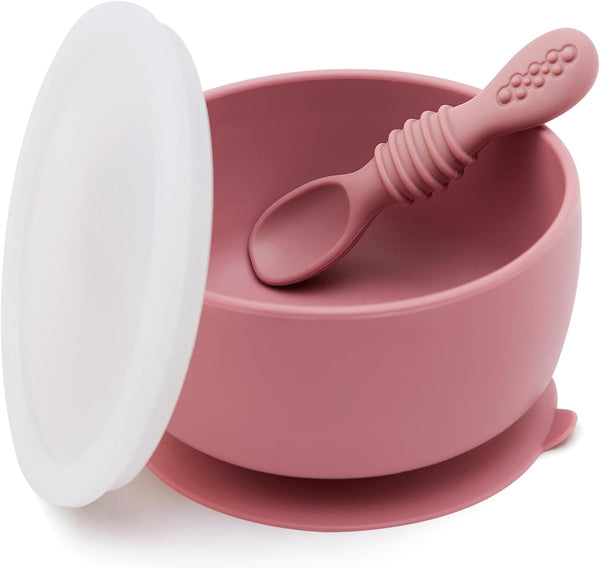 Baby Bowl and Spoon Set, Silicone Baby Food Bowl with Suction and Lid, Self Feeding Essentials for 6+ Months, Rose