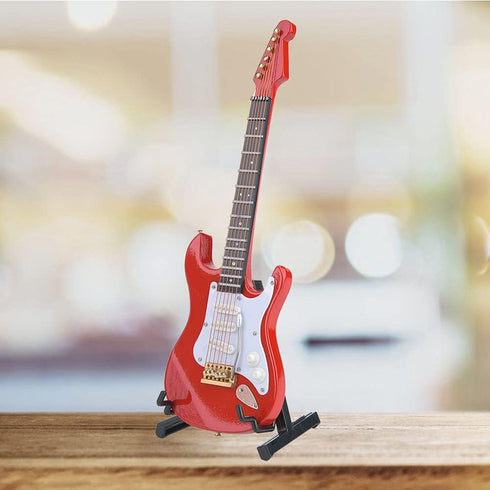 Wooden Miniature Guitar - Mini Electric Guitar with Stand, Decorative Dollhouse Accessories (Red)