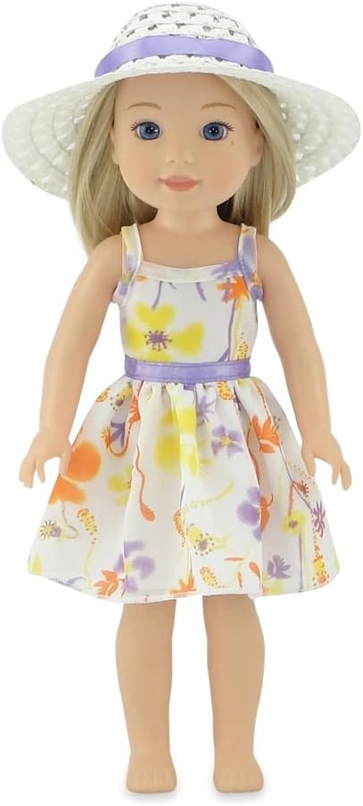 Emily Rose 14 Inch Doll Spring/Summer Chiffon Easter Dress with White Hat for American Girl