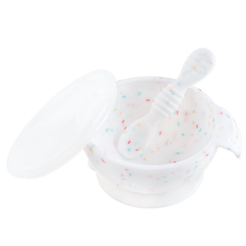 Bumkins Silicone Baby Feeding Set, Suction Bowls for Baby and Toddler with Spoon and Lid, Platinum Silicone Bowl