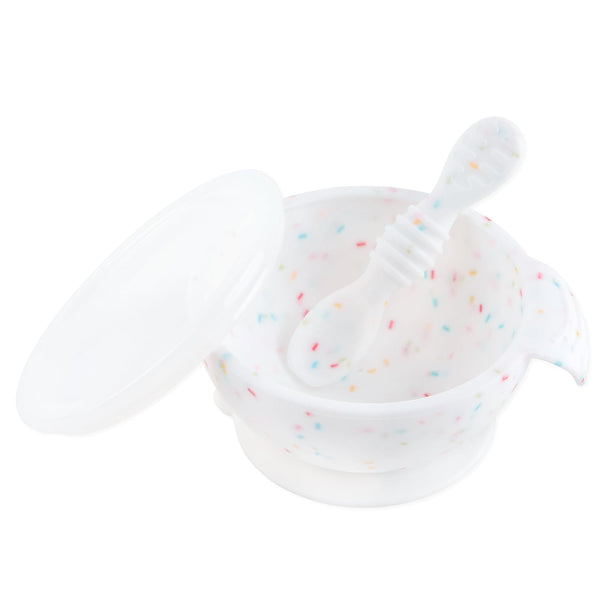 Bumkins Silicone Baby Feeding Set, Suction Bowls for Baby and Toddler with Spoon and Lid, Platinum Silicone Bowl