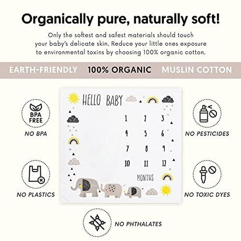 1-12 47" 47" Pondering Pine Organic Baby Monthly Milestone Blanket for Boy or Girl with Month Marker - Elephant