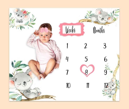 Baby Monthly Milestone Blanket, Koalas Trunk Branch Leaf Wreath, 48"x40", Unisex with 4 Frames and 1 Headband
