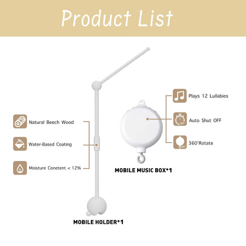 Box,32.5 Inch (2 Modes,360Adjustable,100% Crib Mobile Arm with Music White Crib Mobile Stand,Wooden Mobile Arm for Crib