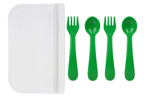 5 Piece Plastic Toddler Silverware Spoon and Fork Utensil Set - Reusable Toddler Cutlery with Hygienic Travel Pouch (Green) by Lollaland