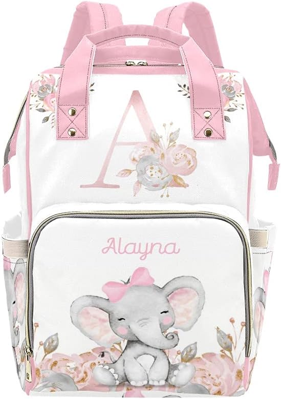 Yeshop Personalized Diaper Backpack Pink Floral Monogram Elephant Multi Function Diaper Bag Travel