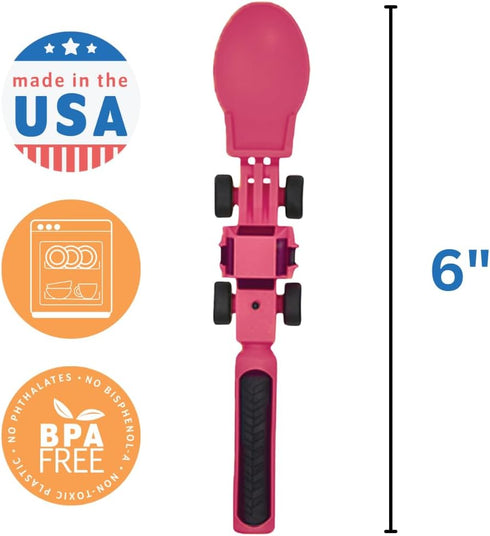 Set Constructive Eating Plate and Utensils - USA-Made Toddler Dinnerware with Divided Plates (Pink Construction)