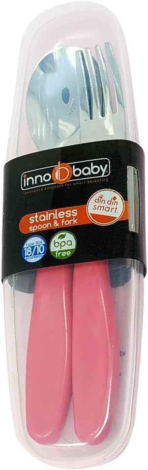 Innobaby Din Din Smart EZ Grip Spoon and Fork Set, Utensil Set for Kids and Toddlers, BPA Free, Pink
